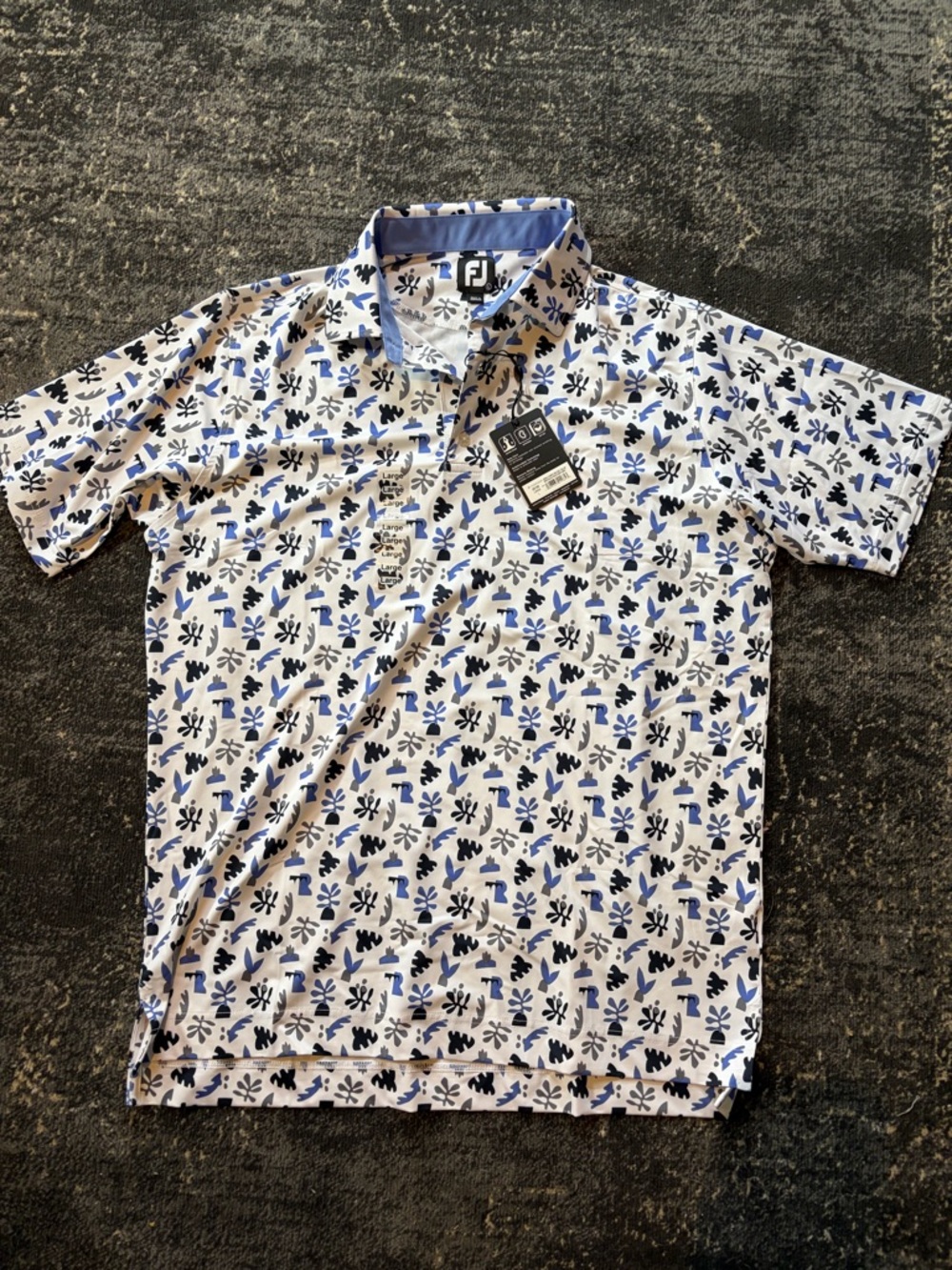 FootJoy White Polo with Blue & Black Leaf Print